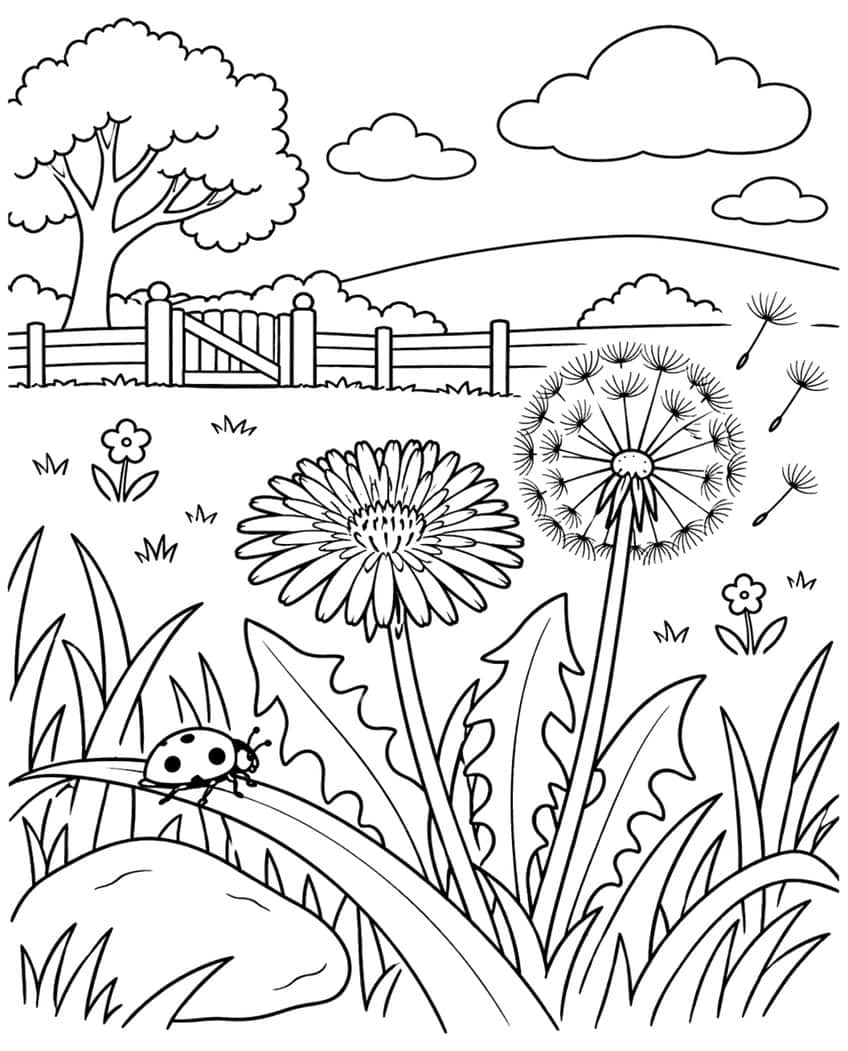 Coloring page of a dandelion flower and seed head with a ladybug, fence and tree in a meadow