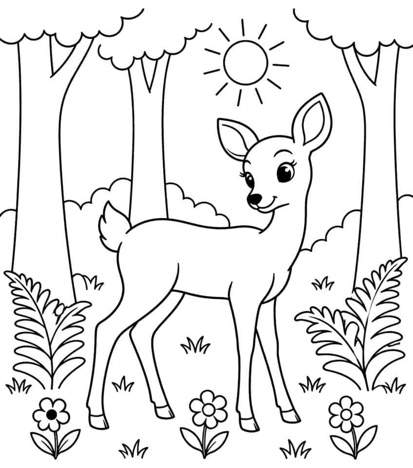 Coloring page of a fawn among trees, ferns and daisies under a shining sun