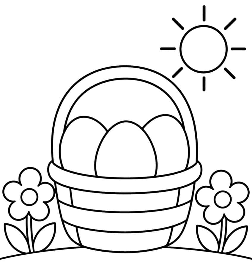 Coloring page of an Easter basket with three eggs, two flowers and a sun