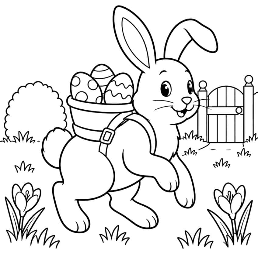 Coloring page of an Easter bunny with an egg basket on its back hopping through a garden