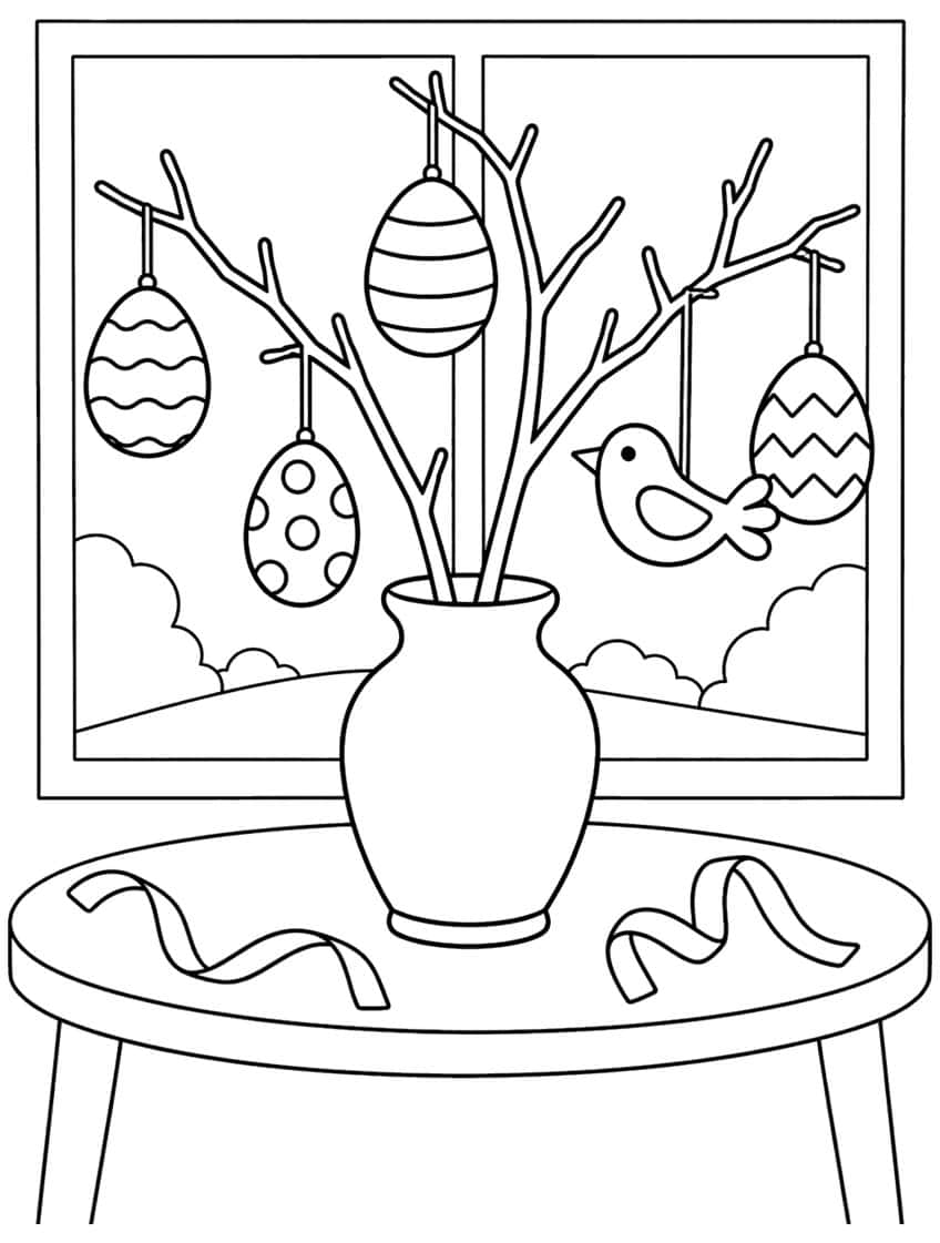 Coloring page of an Easter egg tree in a vase on a round table in front of a window