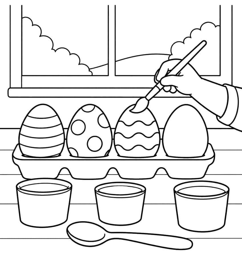 Coloring page of a hand painting Easter eggs in a carton with dye cups and a spoon below a window