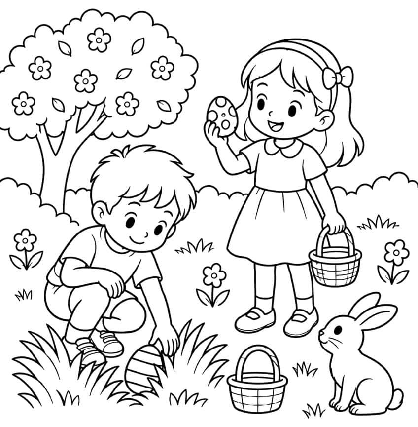Coloring page of two children hunting Easter eggs in a garden with baskets and a bunny