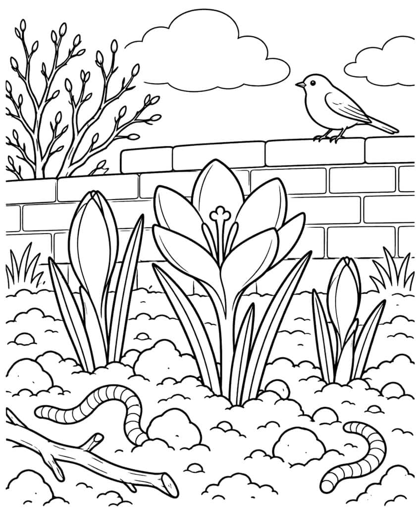 Coloring page of crocuses by a brick wall with a bird, pussy willow branches and earthworms
