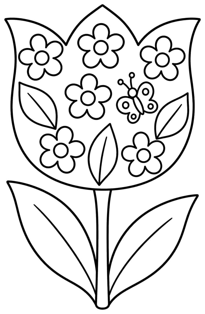 Coloring page of a large tulip with small flowers, leaves and a butterfly inside its bloom