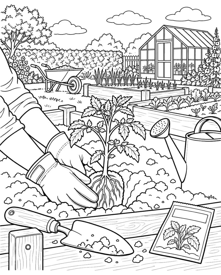 Coloring page of a gloved hand planting a tomato seedling in a raised garden bed