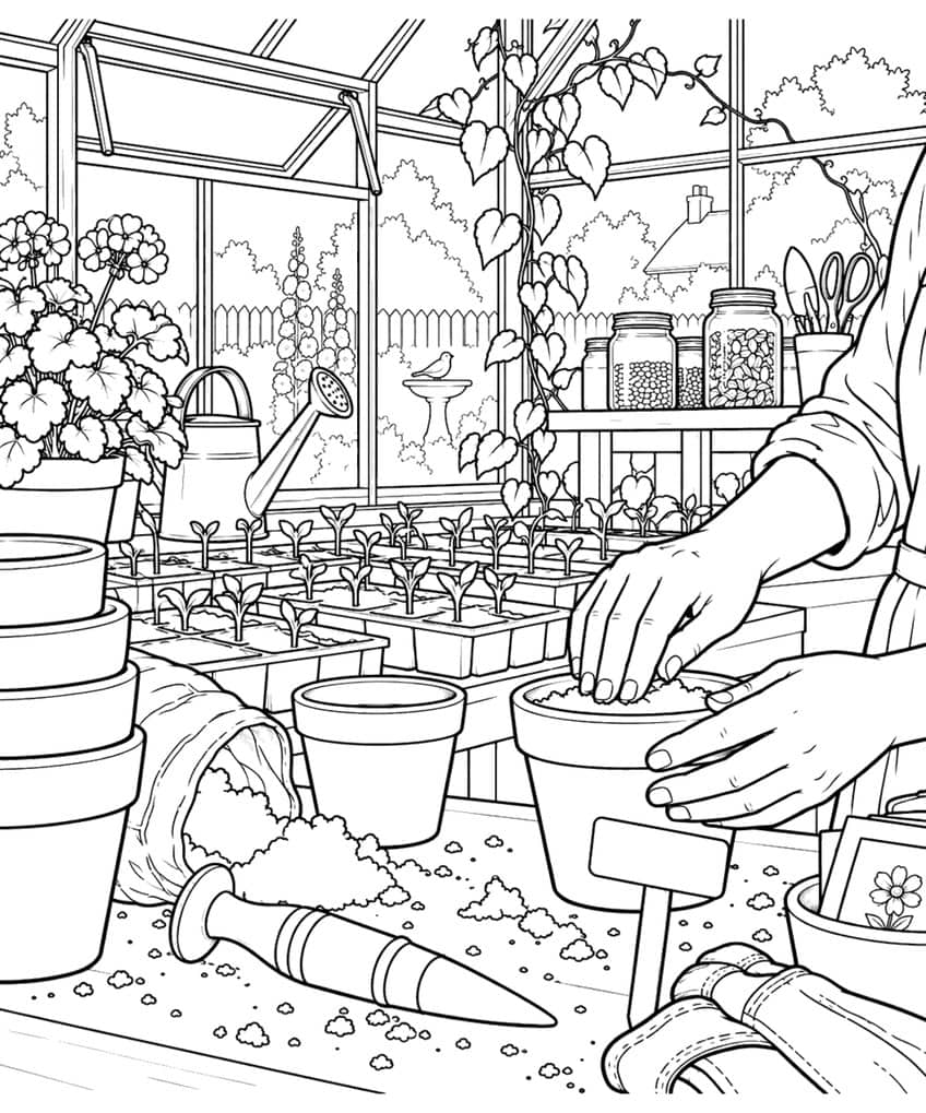 Coloring page of hands potting soil in a greenhouse with seedling trays, flower pots and seed jars