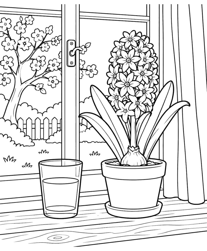 Coloring page of a potted hyacinth and a water glass on a windowsill, a blossoming tree outside
