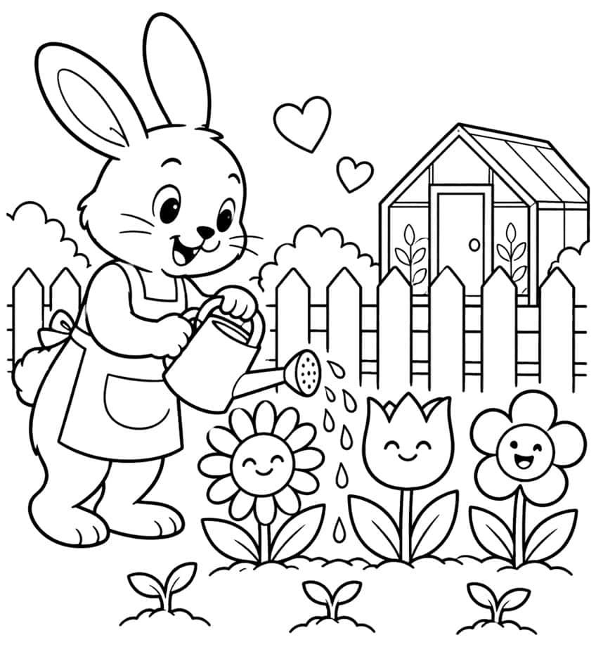 Coloring page of a bunny in an apron with a watering can beside happy flowers, fence and greenhouse