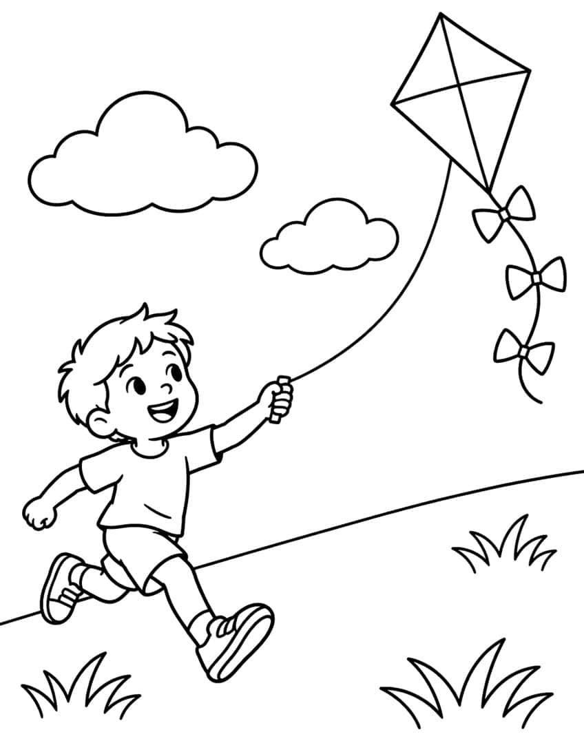 Coloring page of a boy running uphill with a kite and bow tail under two clouds