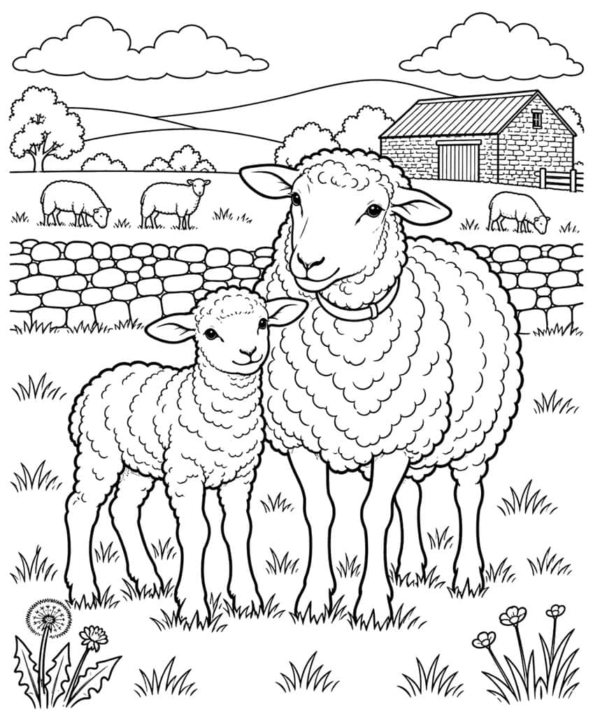 Coloring page of a ewe and lamb in a meadow with a stone wall, barn and grazing sheep