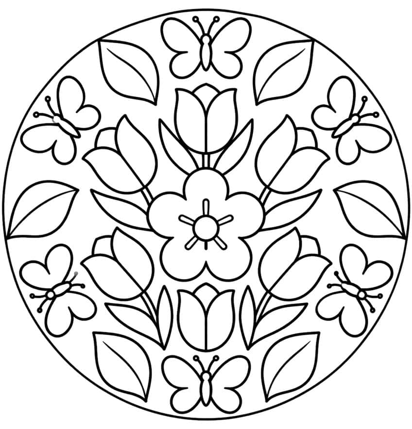 Circular spring mandala coloring page with a central flower, tulips, leaves and butterflies