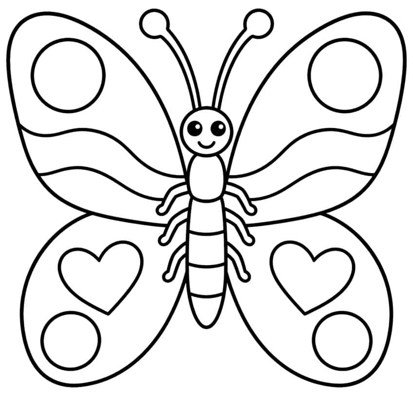 Coloring page of a smiling butterfly with wavy stripes, hearts and circles on its wings