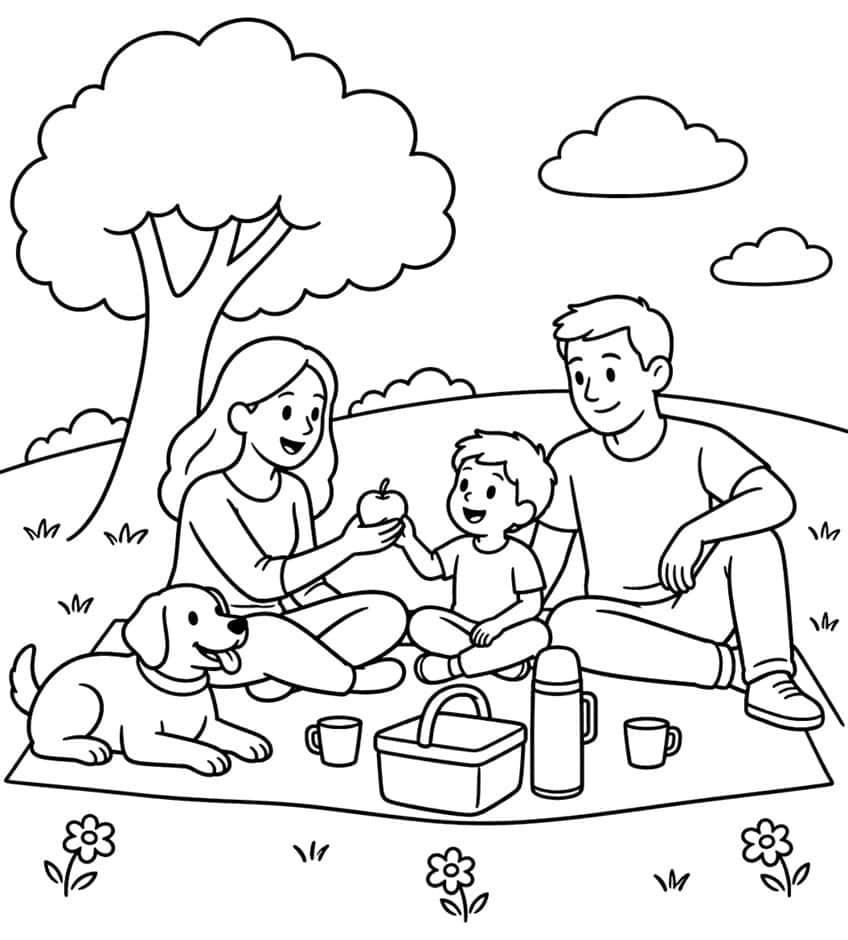 Coloring page of a family picnic on a blanket with a dog, basket and thermos under a tree