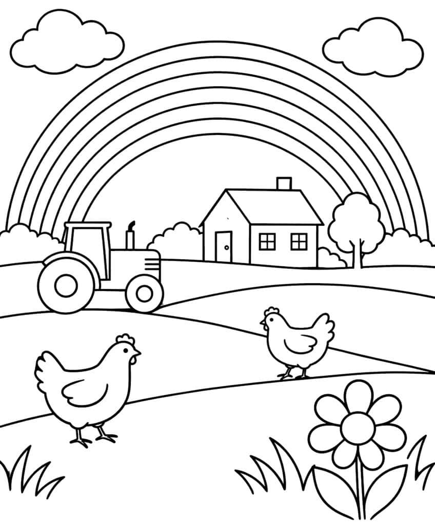 Coloring page of a rainbow over a farmhouse, tractor, two hens and a flower in the grass