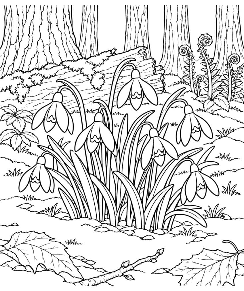 Coloring page of snowdrops in a forest with a mossy log, ferns, tree trunks and fallen leaves