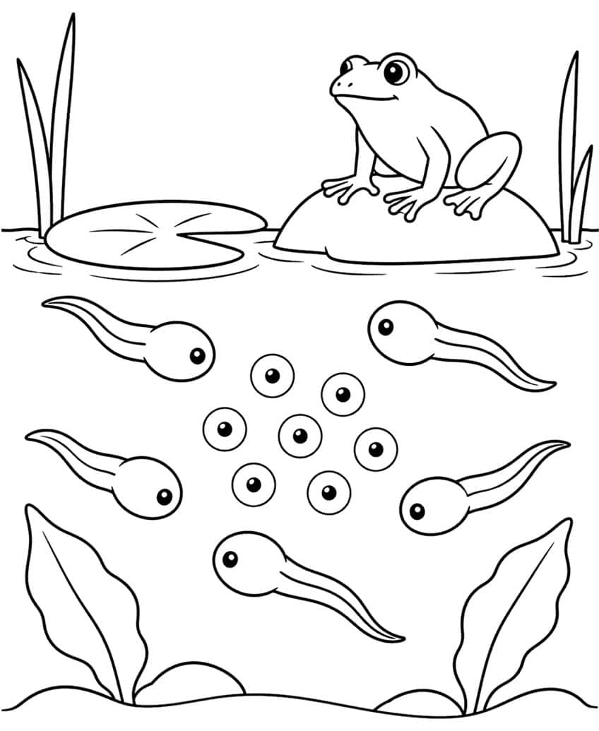 Coloring page of a frog on a pond rock with tadpoles, frog eggs, a lily pad and water plants