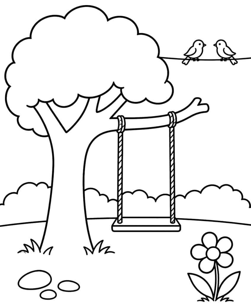 Coloring page of a rope swing on a tree branch, two birds on a wire and a flower