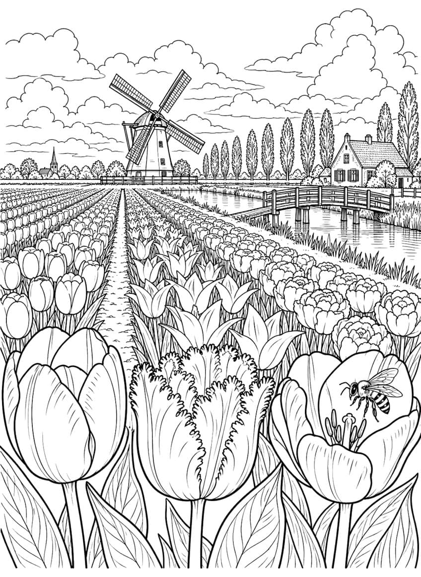 Tulip field coloring page with windmill, canal bridge, farmhouse and a bee on a tulip