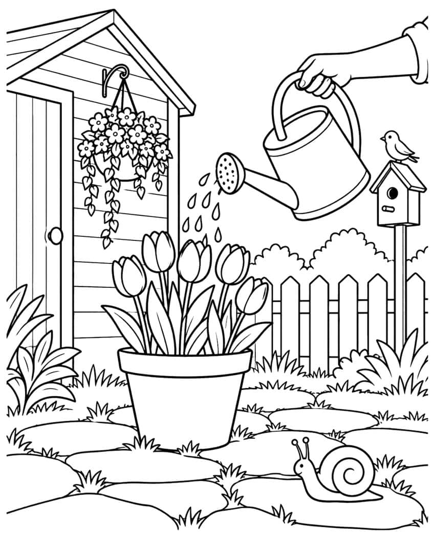 Coloring page of a watering can pouring water on potted tulips next to a garden shed