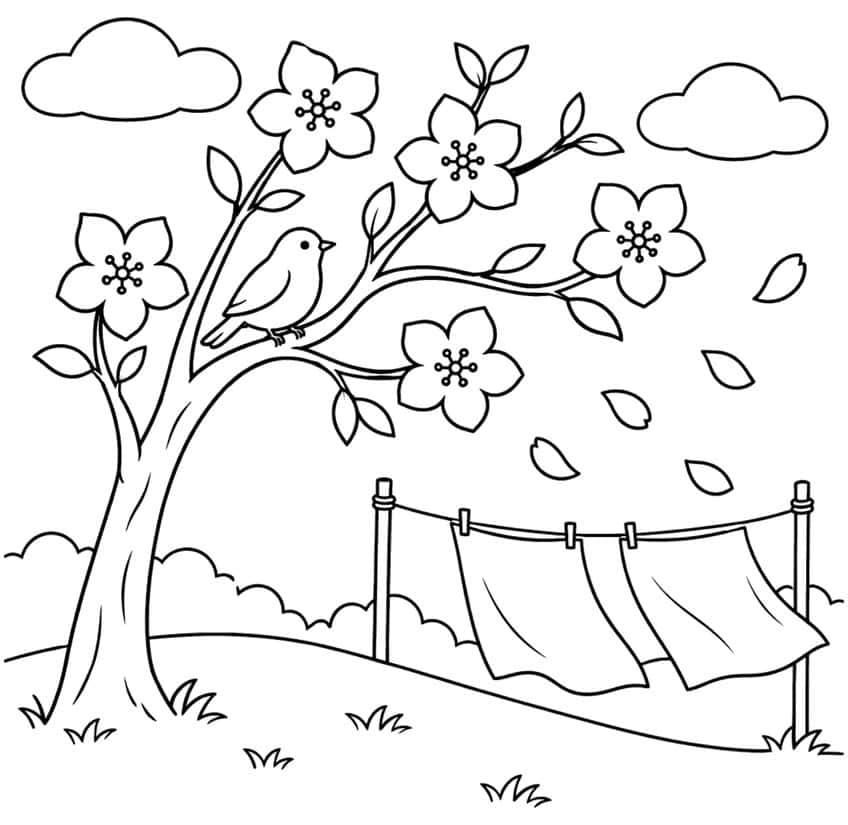 Coloring page of a bird in a blossom tree, petals blowing toward sheets on a clothesline