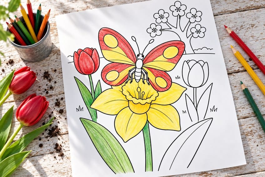 spring coloring page partly colored in with pencils
