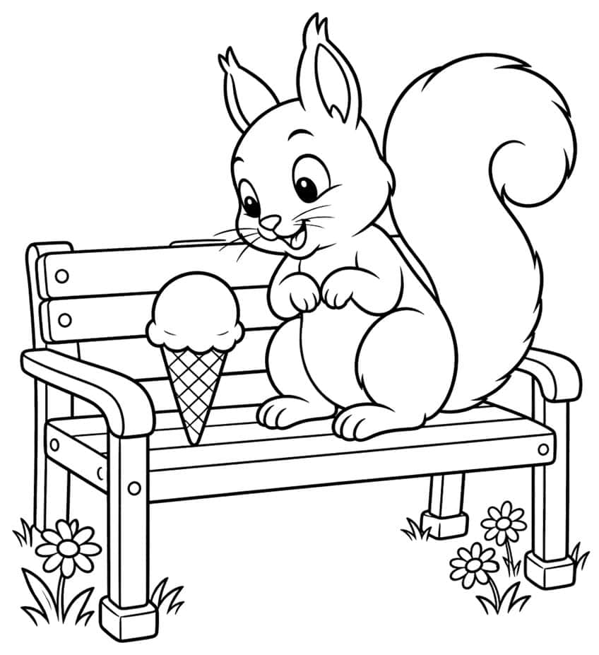 Coloring page of a squirrel sitting on a park bench beside an ice cream cone