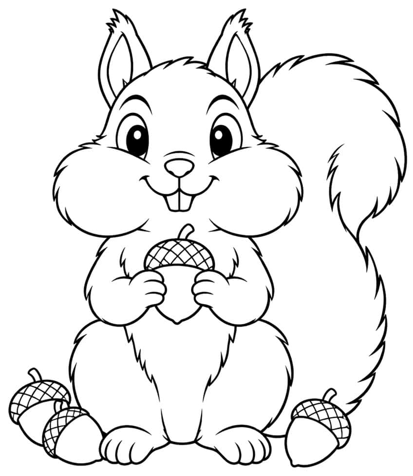 Coloring page of a sitting squirrel with full cheeks holding an acorn