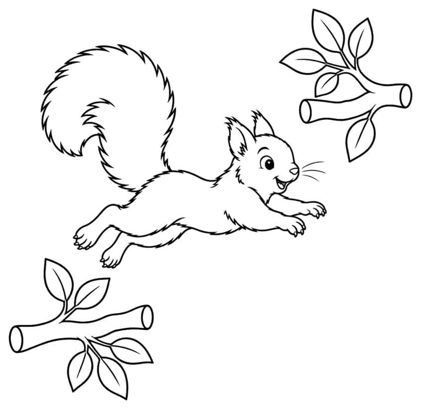 Coloring page of a squirrel leaping between two leafy branches