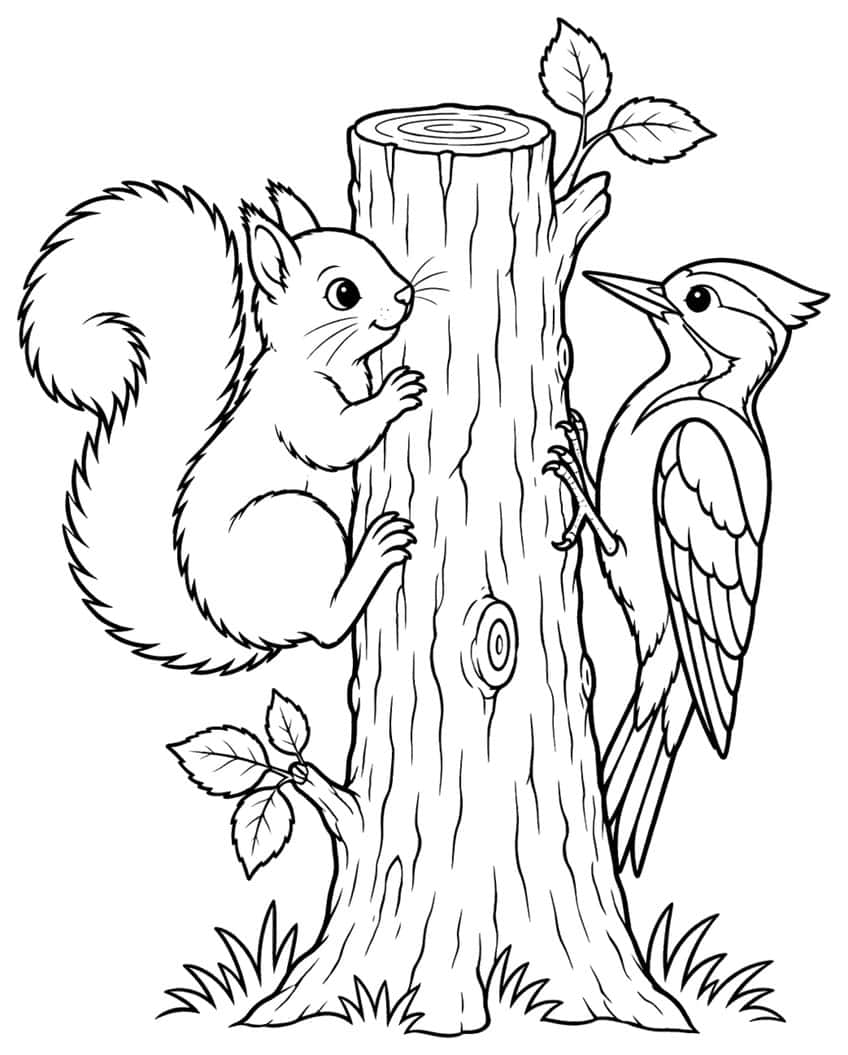 Coloring page with a squirrel and a woodpecker on a tree stump