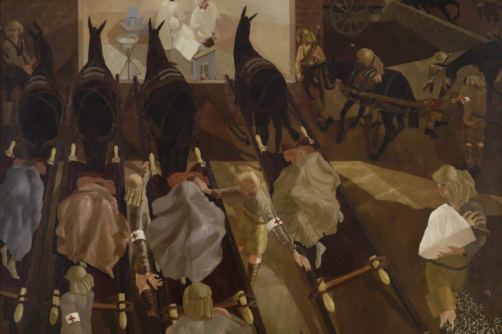 Wounded soldiers lie on mule-drawn travoys outside a glowing field dressing station in Stanley Spencer’s 1919 war painting.