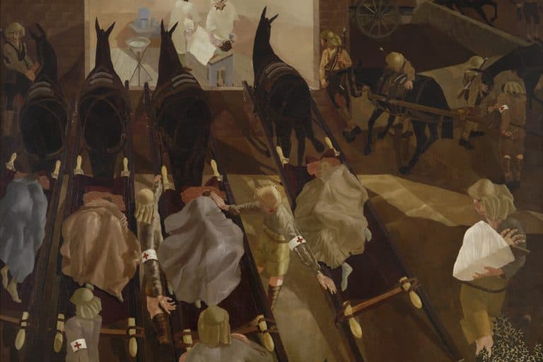 Wounded soldiers lie on mule-drawn travoys outside a glowing field dressing station in Stanley Spencer’s 1919 war painting.