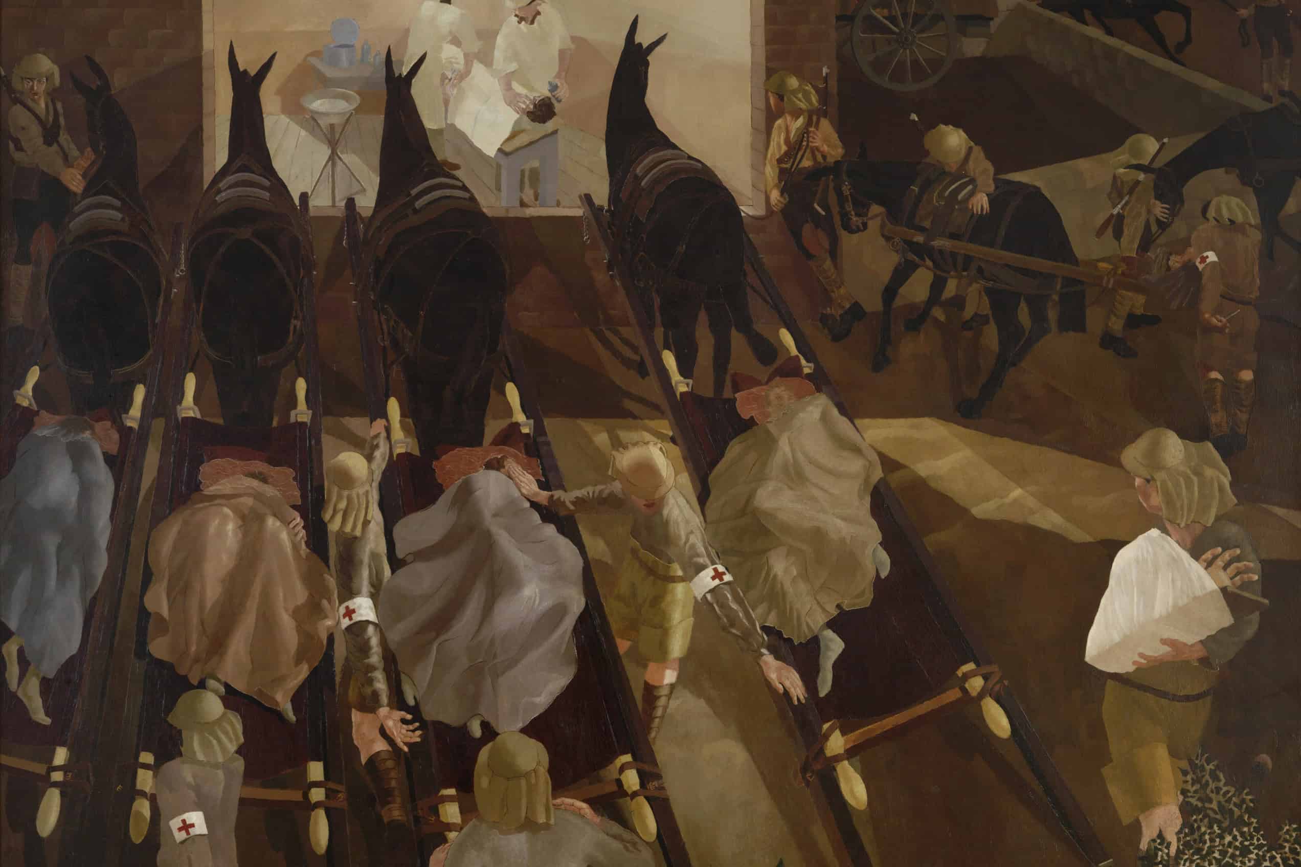 Wounded soldiers lie on mule-drawn travoys outside a glowing field dressing station in Stanley Spencer’s 1919 war painting.
