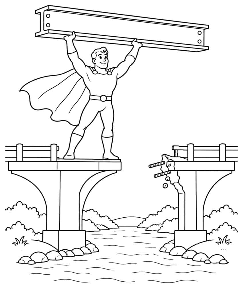 Coloring page: superhero lifting a steel beam over a broken bridge