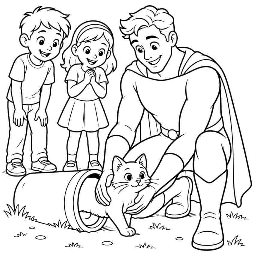 Coloring page: caped hero pulling a cat out of a pipe, two children watching