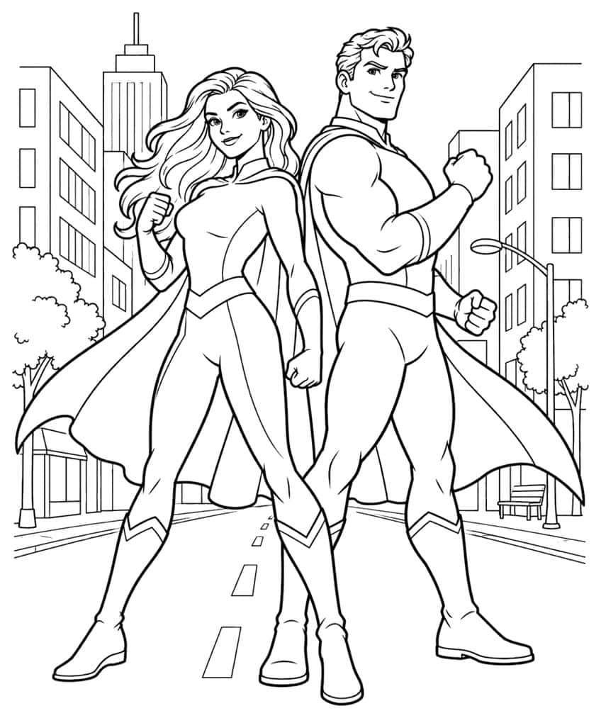 Coloring page with two caped superheroes standing back to back on a city street