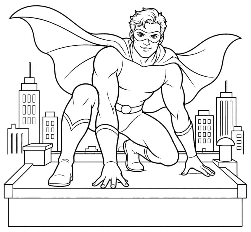 Coloring page of a superhero kneeling on a rooftop with cape and city skyline