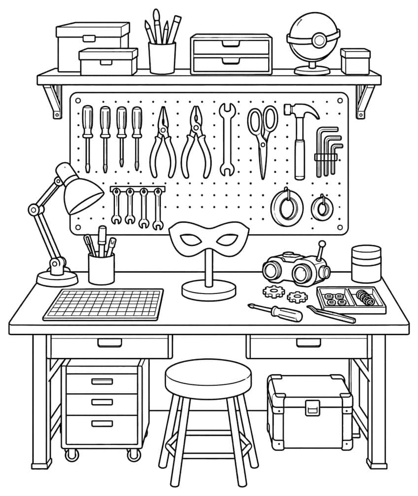 Coloring page of a superhero workshop bench with pegboard tools and a hero mask