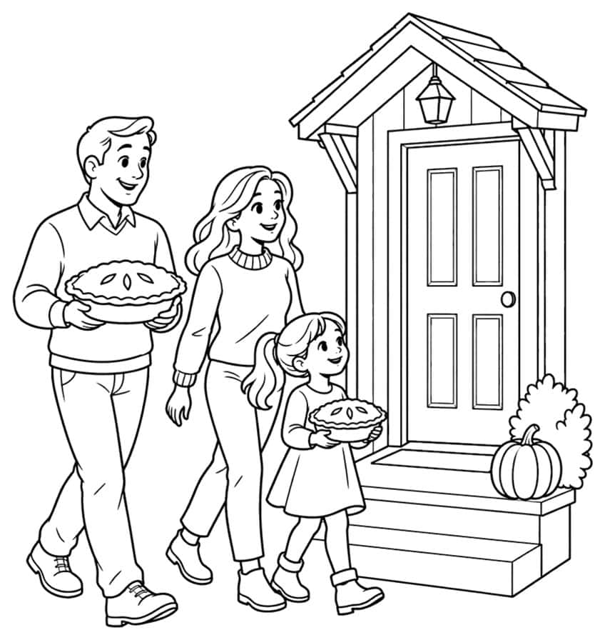Coloring page: family carrying pies to a front door with pumpkin