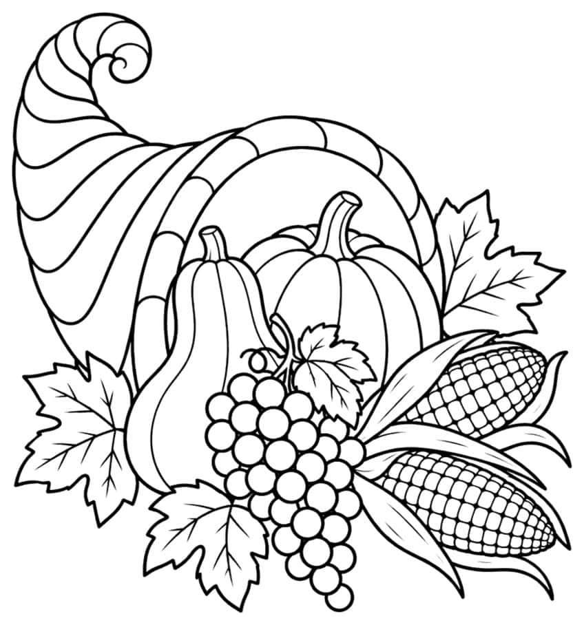 Coloring page with a cornucopia full of pumpkin, corn, grapes and leaves