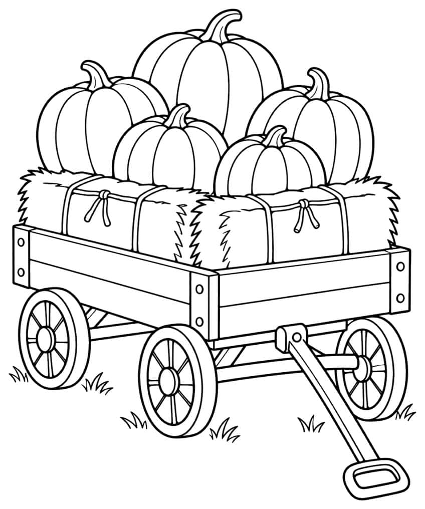 Coloring page of a wooden wagon loaded with pumpkins and straw bales