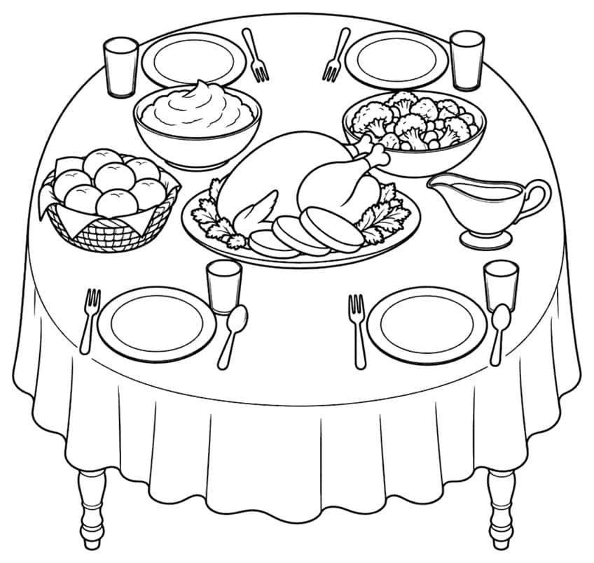 Coloring page of a Thanksgiving table with turkey, side dishes and place settings