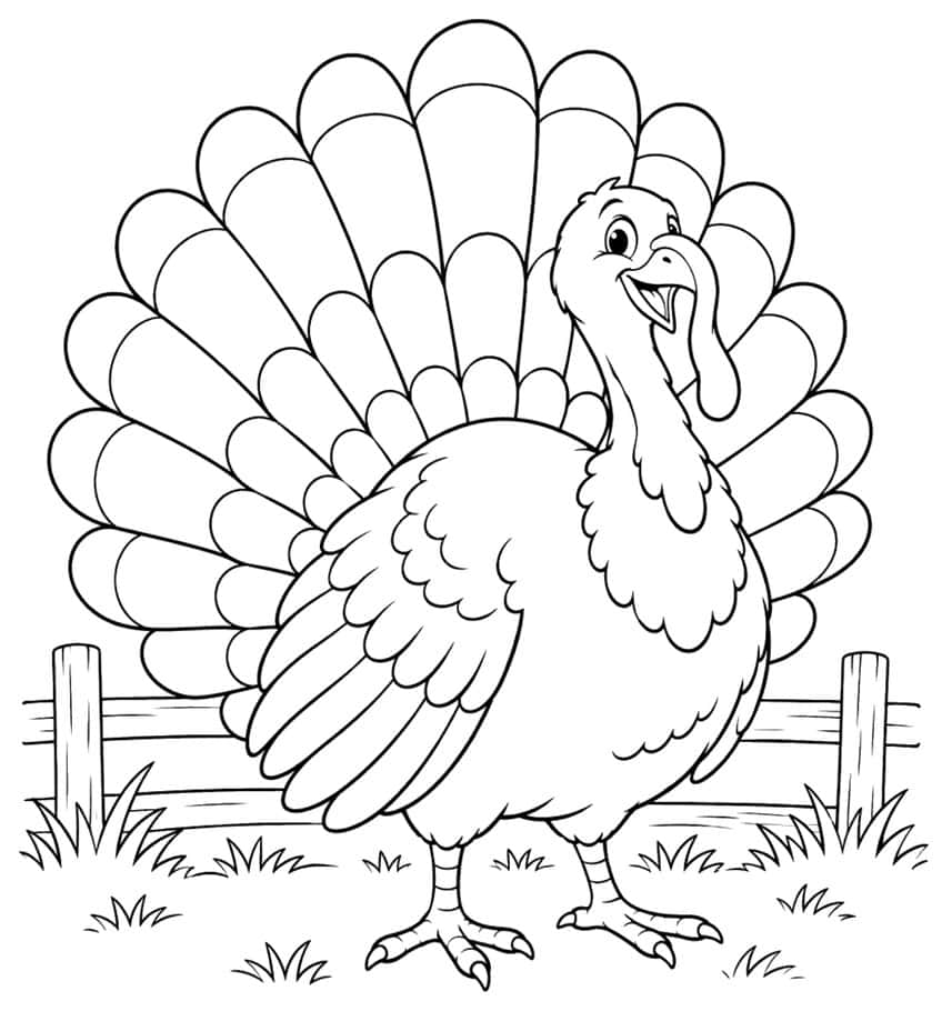 Coloring page of a turkey with fanned tail feathers by a wooden fence