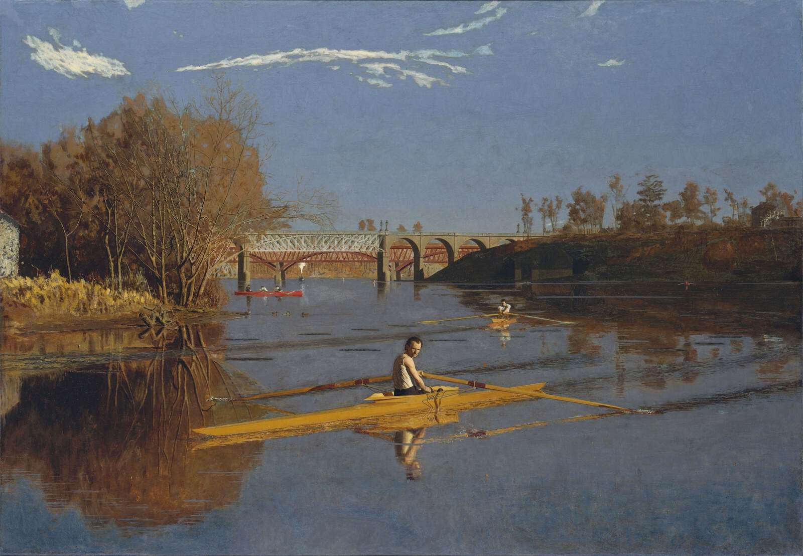 Max Schmitt in a Single Scull (1871) sets the rower against a precisely observed stretch of Philadelphia’s Schuylkill River.