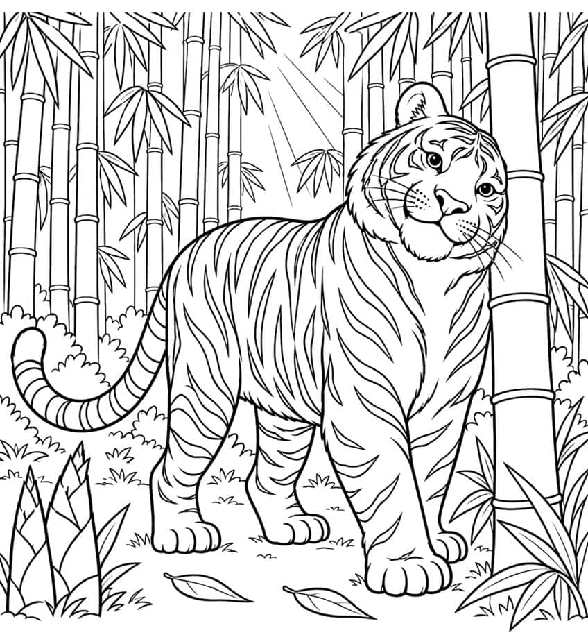 Coloring page of a tiger leaning on a bamboo stalk, with sunbeams, bamboo shoots and fallen leaves