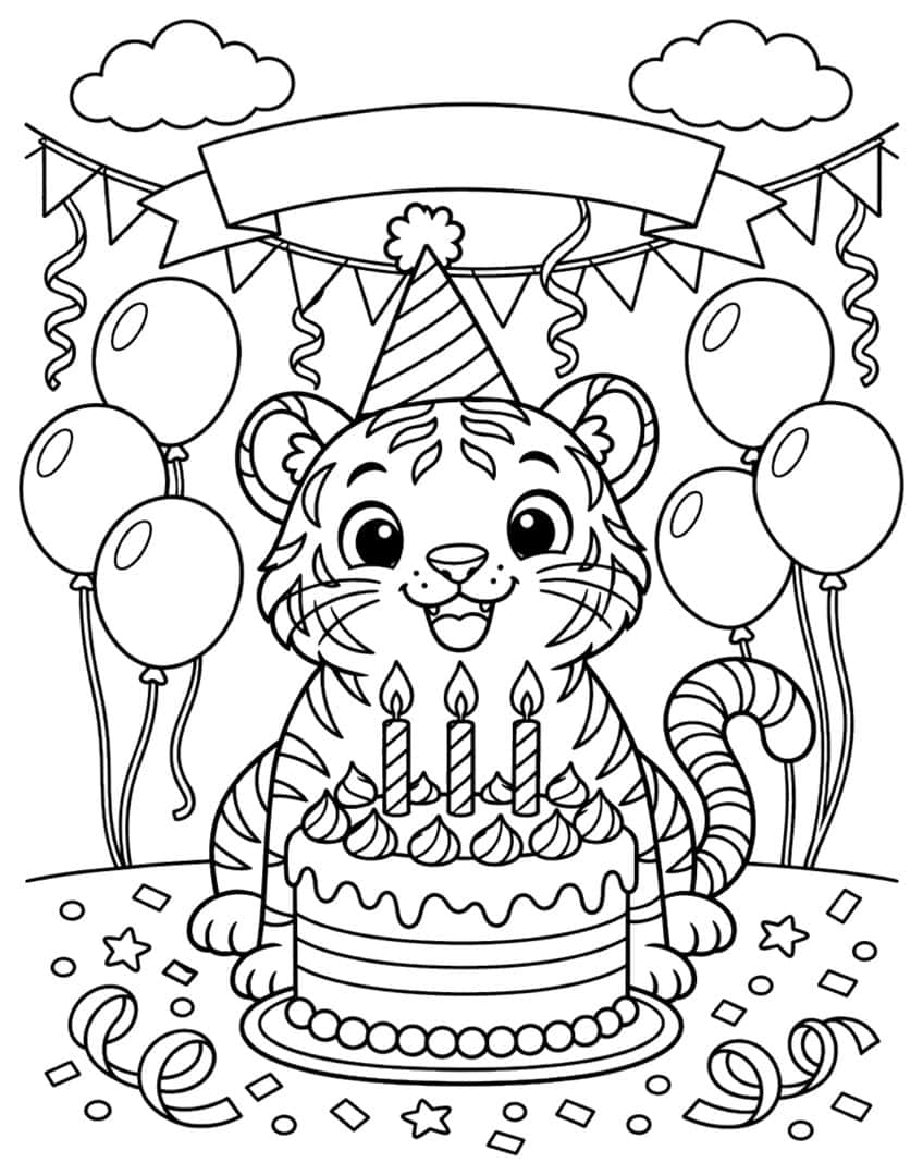 Tiger cub coloring page with a party hat, a birthday cake with three candles, and balloons