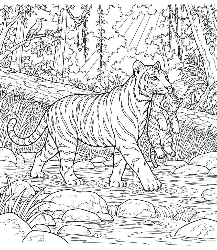 Coloring page of a mother tiger carrying a cub in her mouth across a jungle stream