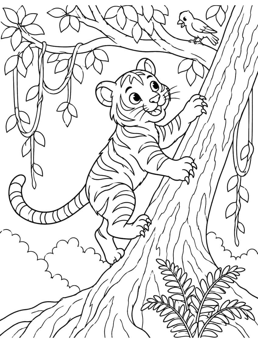 Coloring page of a tiger cub climbing a tree trunk, with a bird on a branch and hanging vines