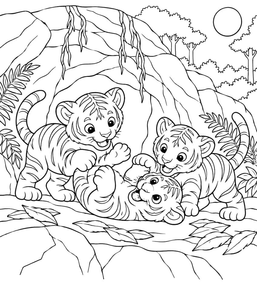 Coloring page of three tiger cubs playing in front of a rocky cave with vines, ferns and trees