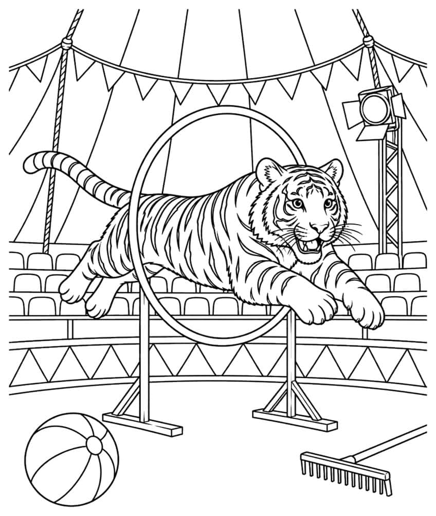 Coloring page of a tiger jumping through a hoop in a circus ring with a ball and flags